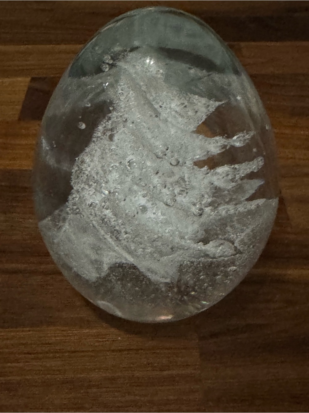 Clear Glass Decorative Egg Paperweight with White Swirl Accent
